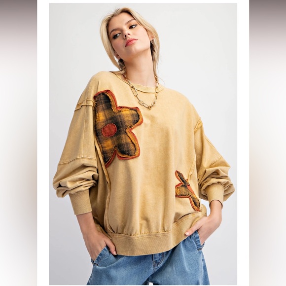 easel Sweaters - 34. Flower Patch Terry Knit Top in Camel
